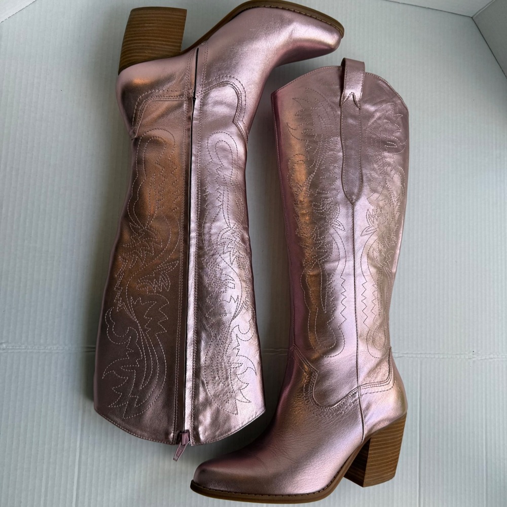 Gianni Bini Western Boots Womens 9.5 Pink Excellent Metallic Tall Block Heel